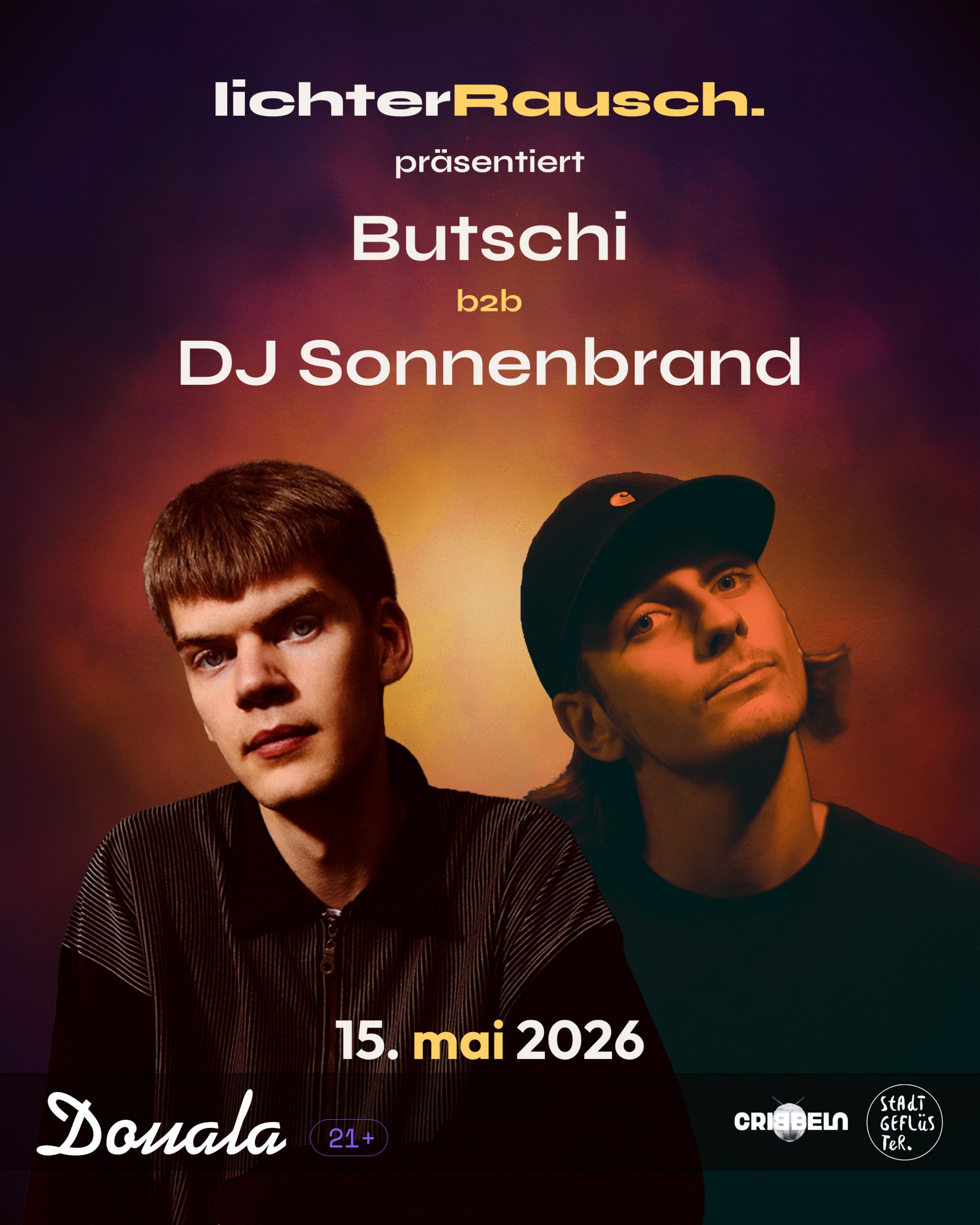 Event-Flyer lichterRausch. – Butschi b2b DJ Sonnenbrand, 3h Set, Techno & Trance, Club Douala Ravensburg, 15. Mai 2026